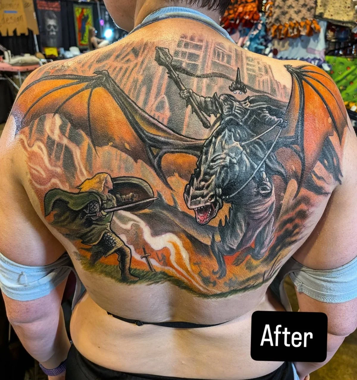 Full-color Witch-king vs Eowyn Lord of the Rings back piece cover-up by Chris Bowen