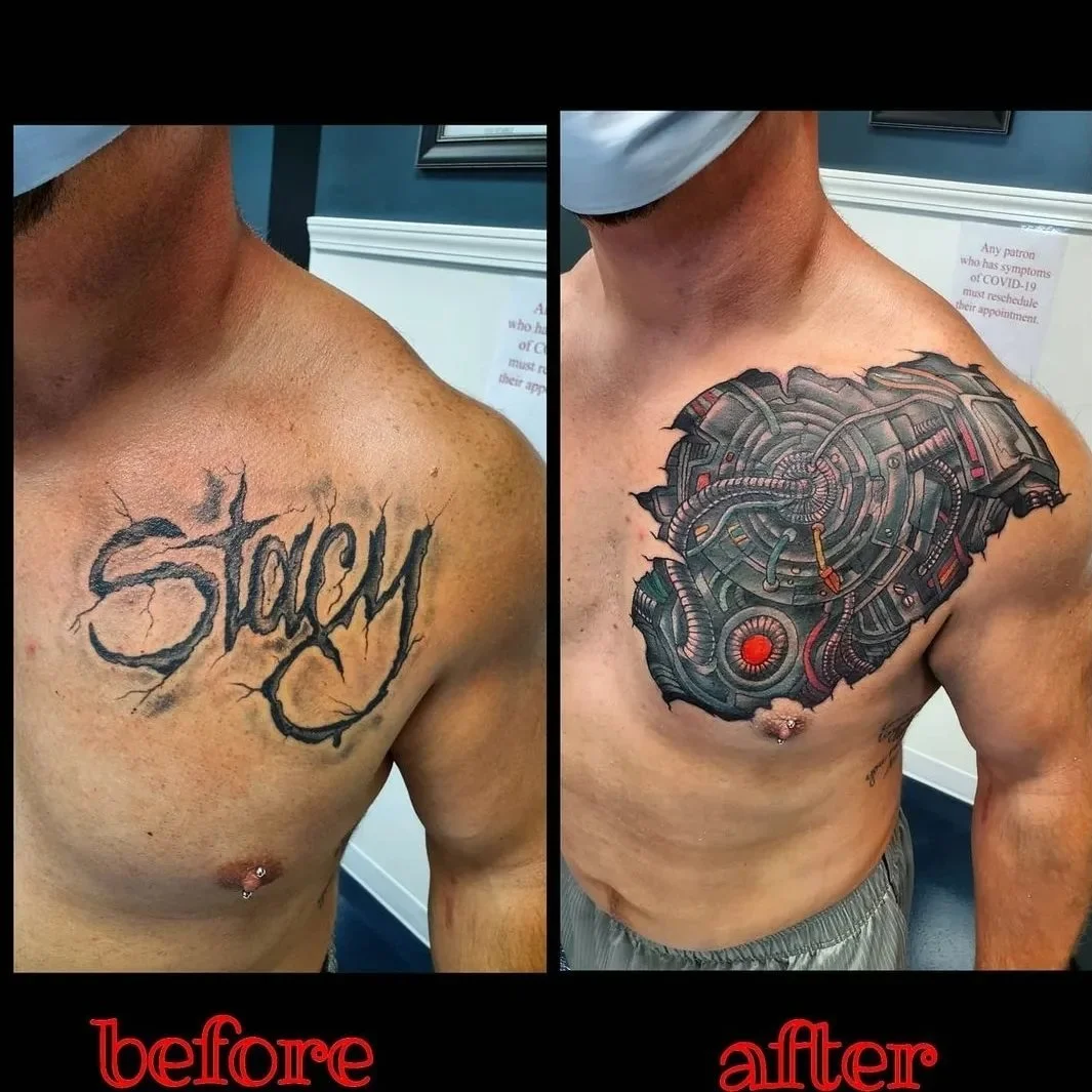 Script name Stacey covered with biomechanical tattoo
