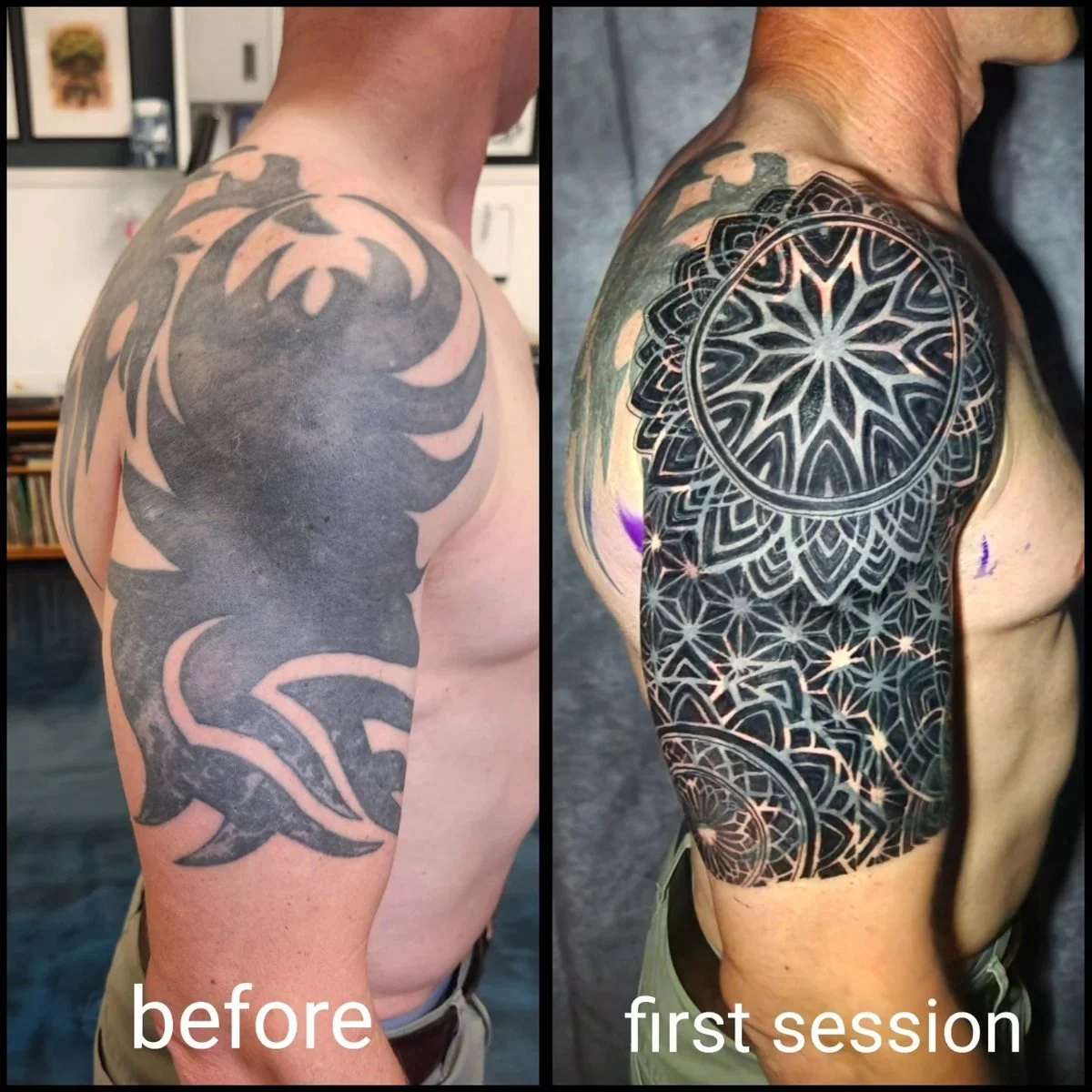 Faded tribal covered with geometric mandala after first session
