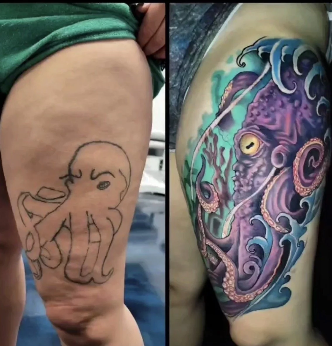 Black outline octopus covered with color realistic octopus and ocean waves