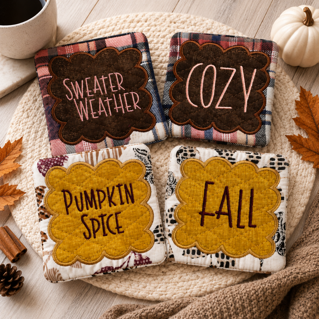 Festive Fall Holiday Mug Rugs — finished project by Alexis Galloway