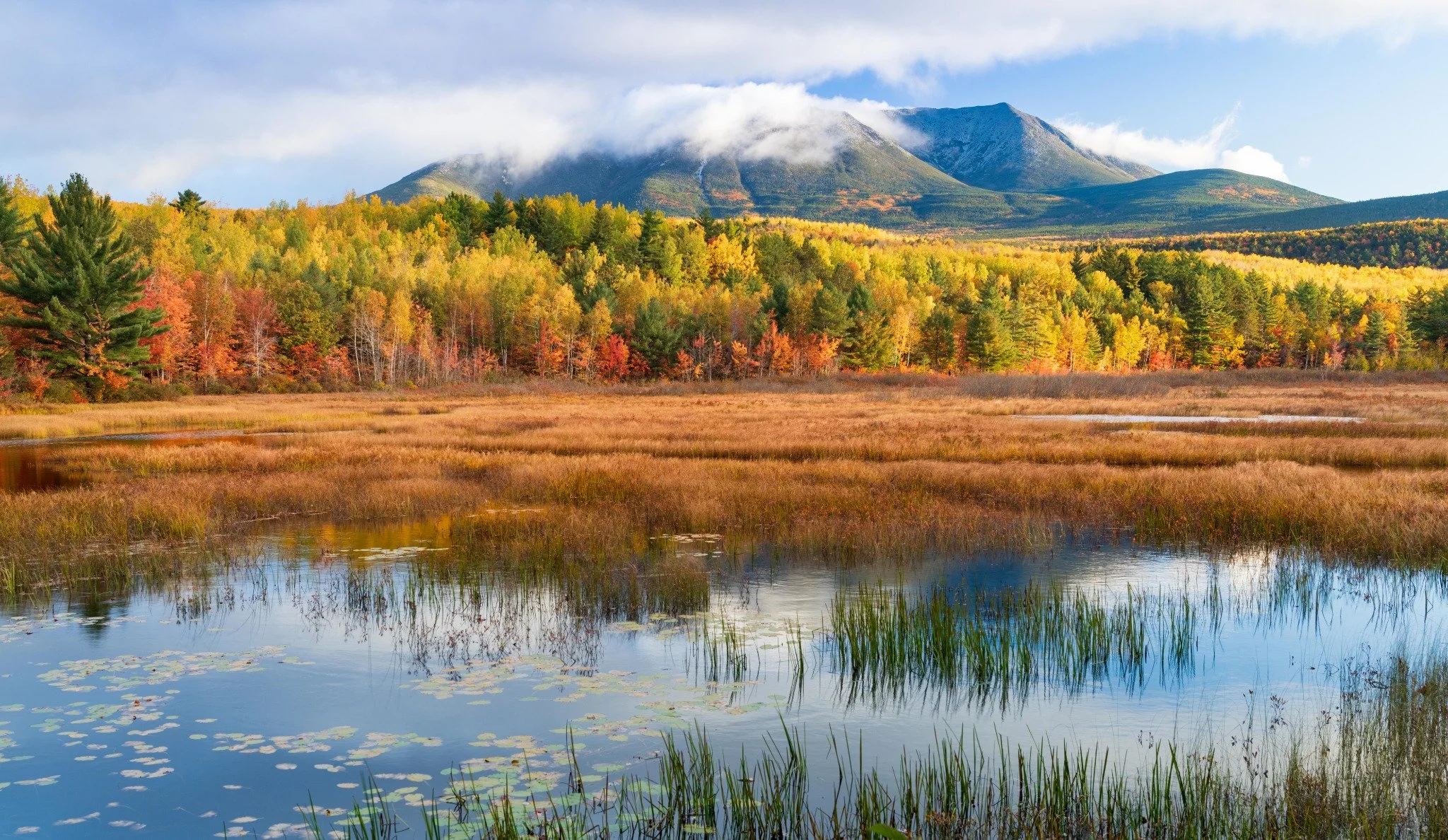 Autumn foliage, mountain peaks, and wetland reflections in Baxter State Park