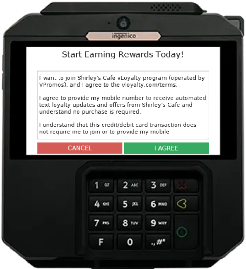 Payment terminal showing a vLoyalty text marketing opt-in screen