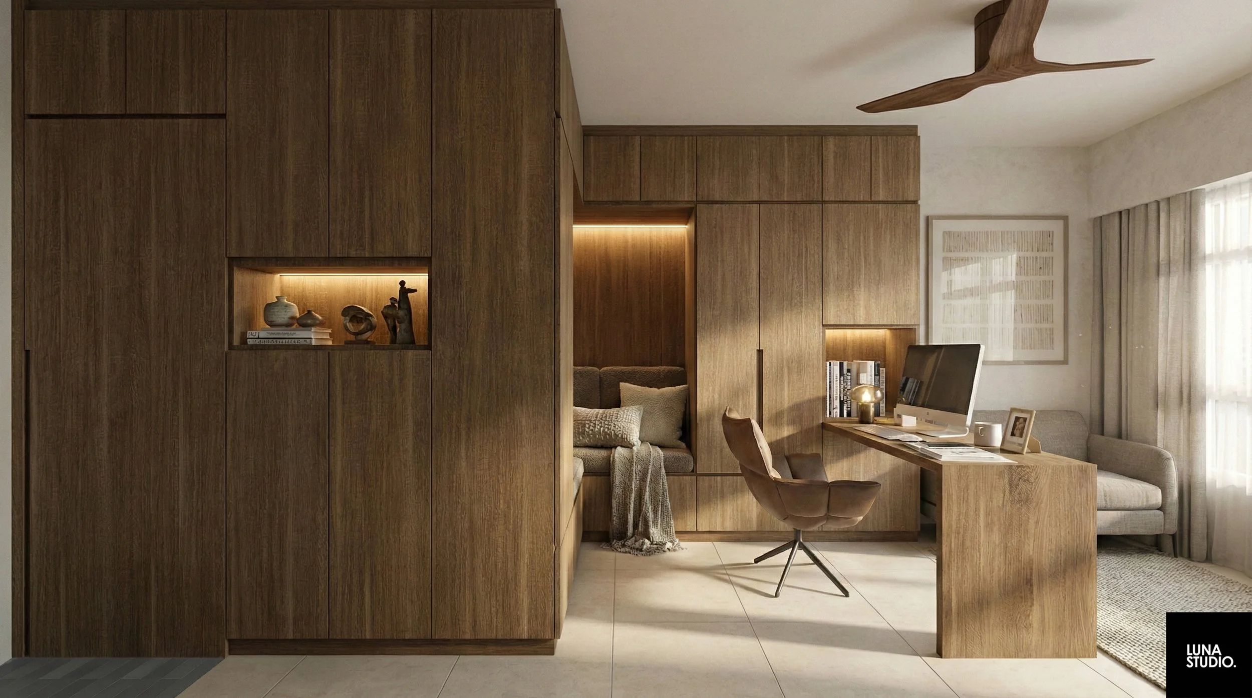 Custom carpentry study nook in living room with integrated lighting