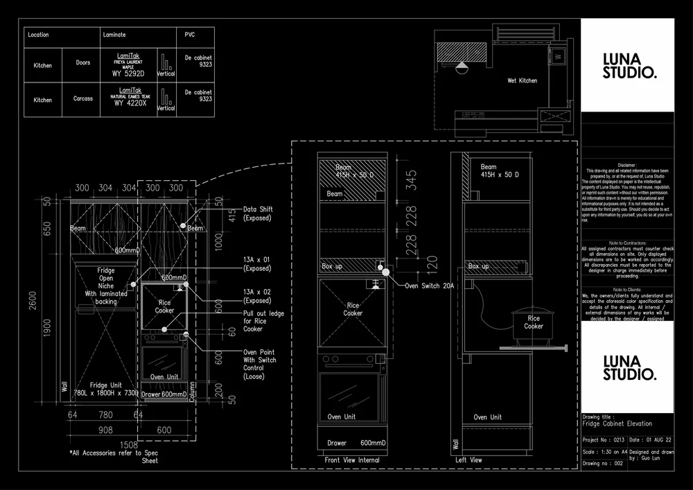 Luna Studio drawing sheet: fridge cabinet elevation