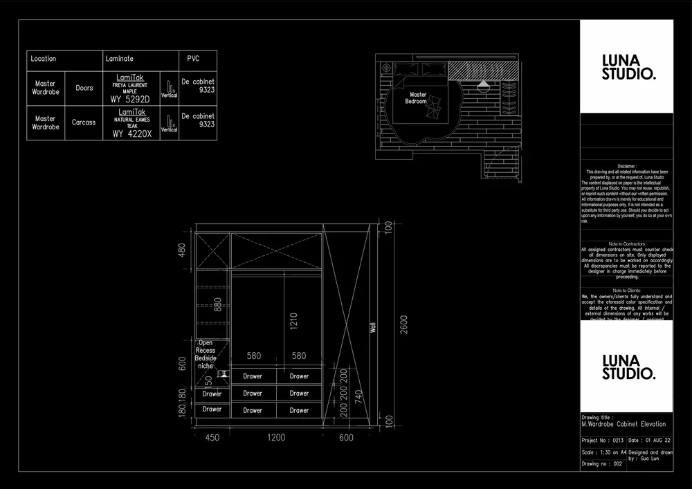 Luna Studio drawing sheet: master wardrobe cabinet elevation, second sheet