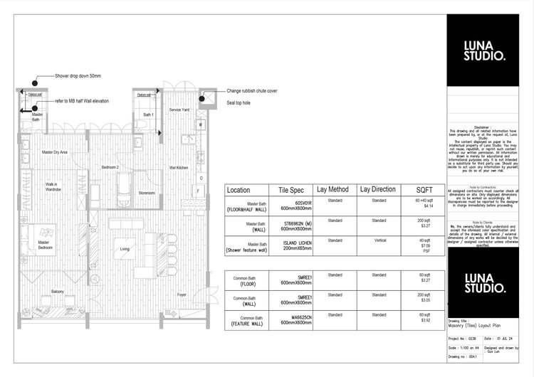 Masonry and tile specification layout for Sage & Marble.