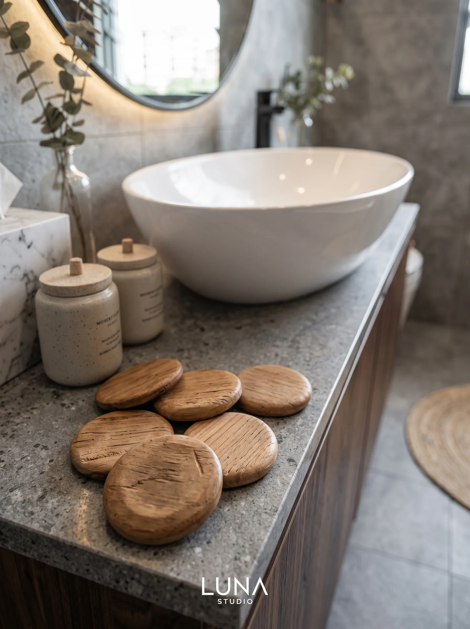 Bathroom vanity with a white vessel sink on a stone countertop.
