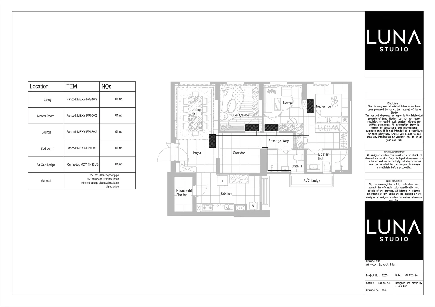 Aircon layout by Luna Studio for a 4-room HDB in Tampines