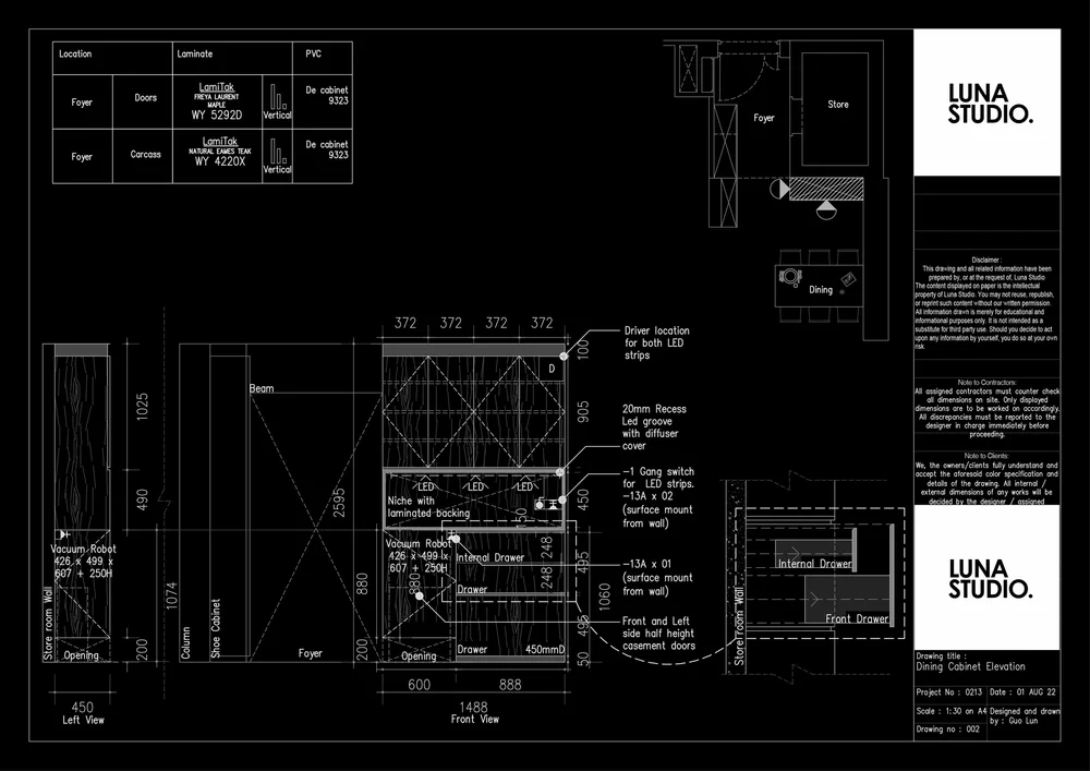 Luna Studio drawing sheet: dining cabinet elevation with front and side views, LED and power point notes