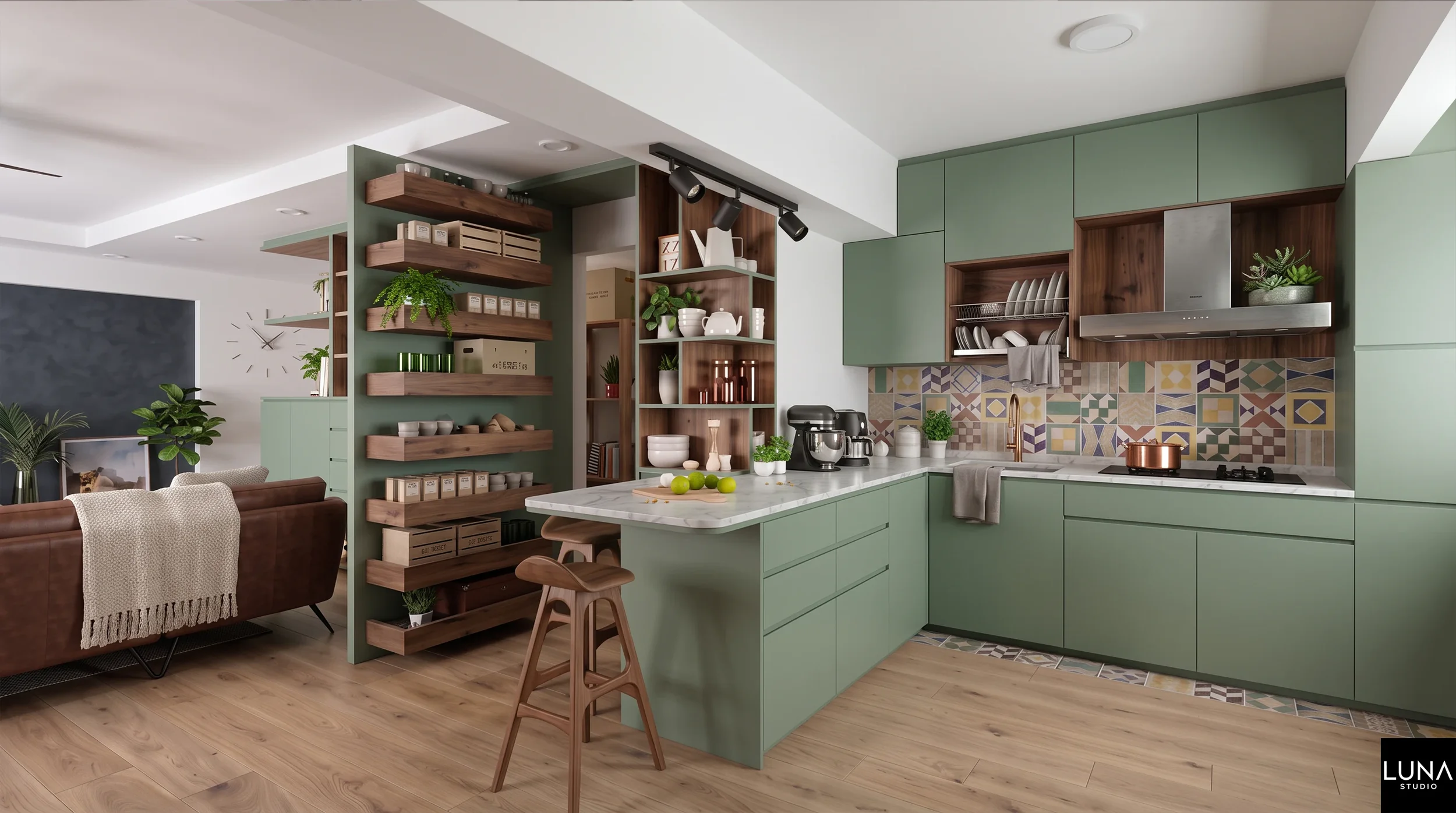 Custom sage green kitchen island with Lamitak Kenji Kuroki
shelving and geometric Taco Kaleido Mix ceramic backsplash in an open-concept
HDB flat