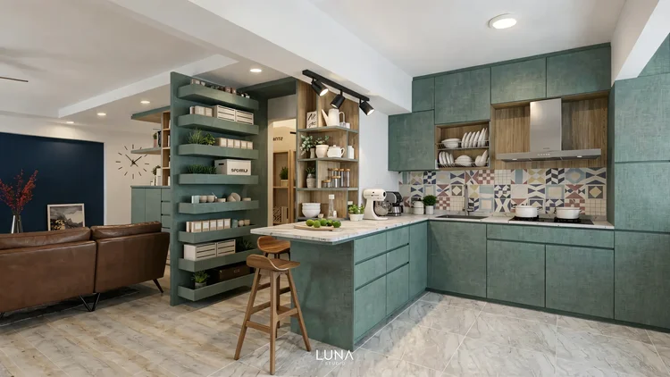 Open concept kitchen with a breakfast peninsula in place of a wall, in a 5-room resale HDB flat