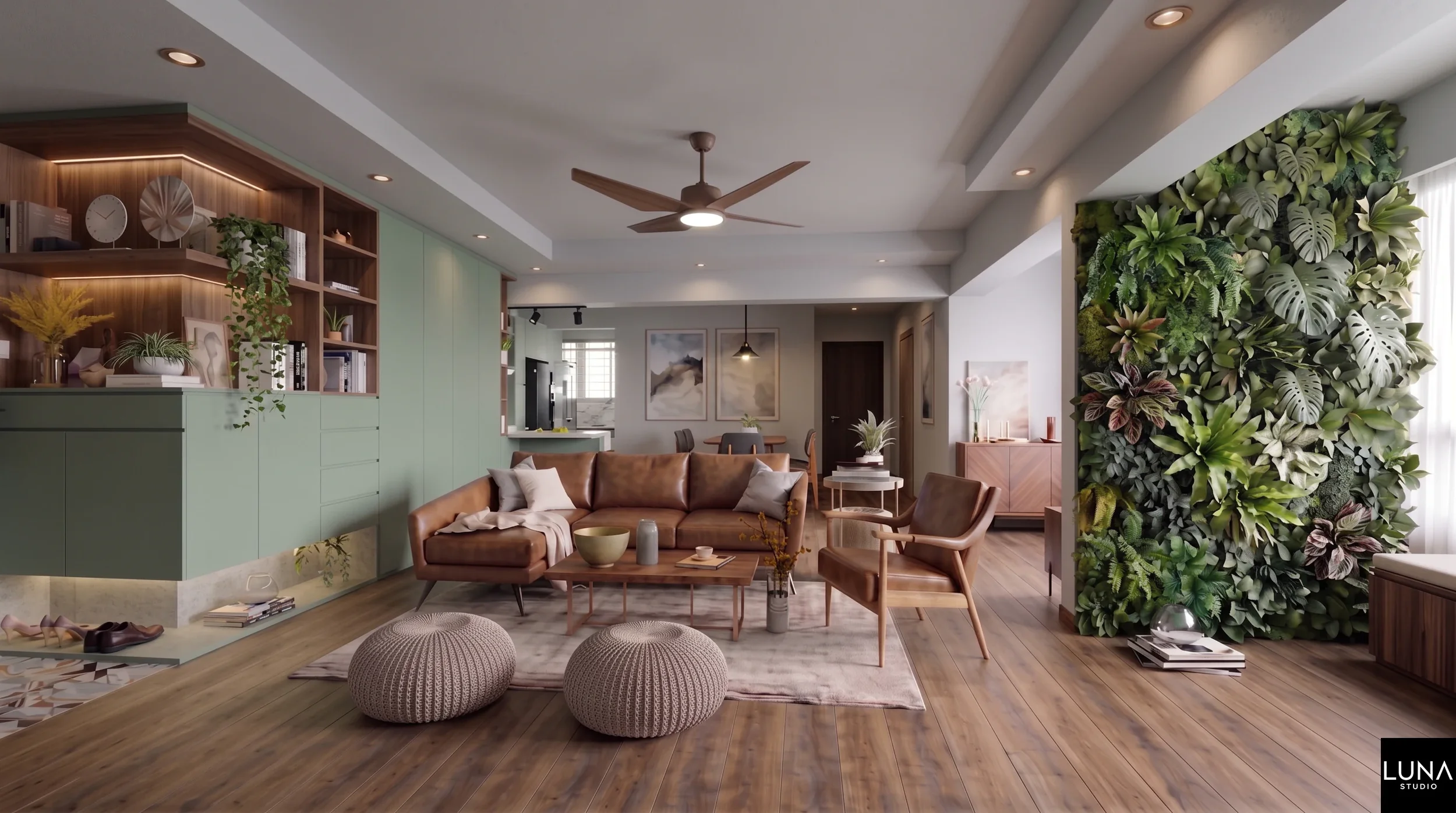 Floor-to-ceiling
vertical moss and live plant feature wall in a biophilic 110sqm 5-room HDB
resale living room at Bukit Batok