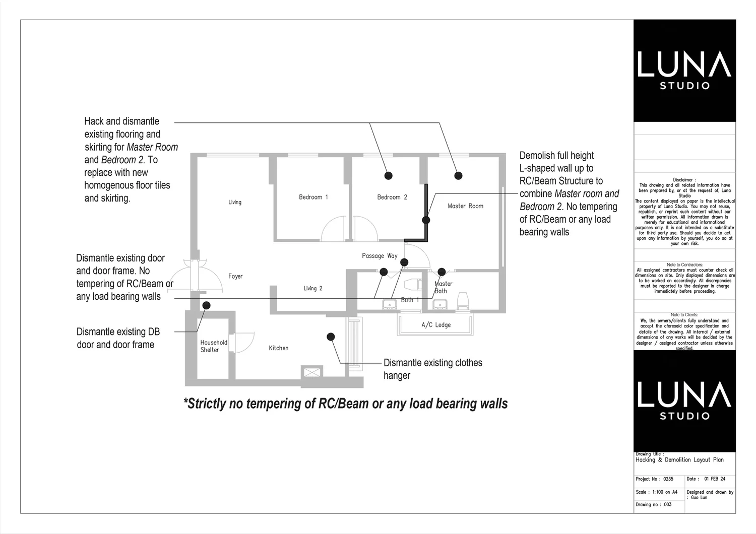 Demolition plan by Luna Studio for a 4-room HDB in Tampines