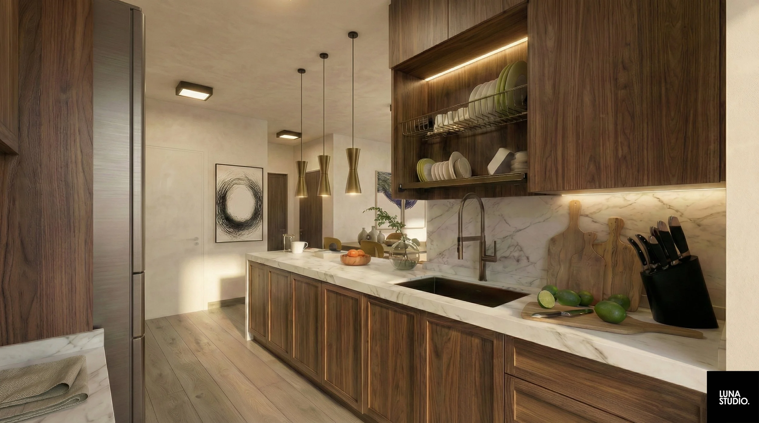 Spacious living room with dark walnut furniture standing out against bright walls