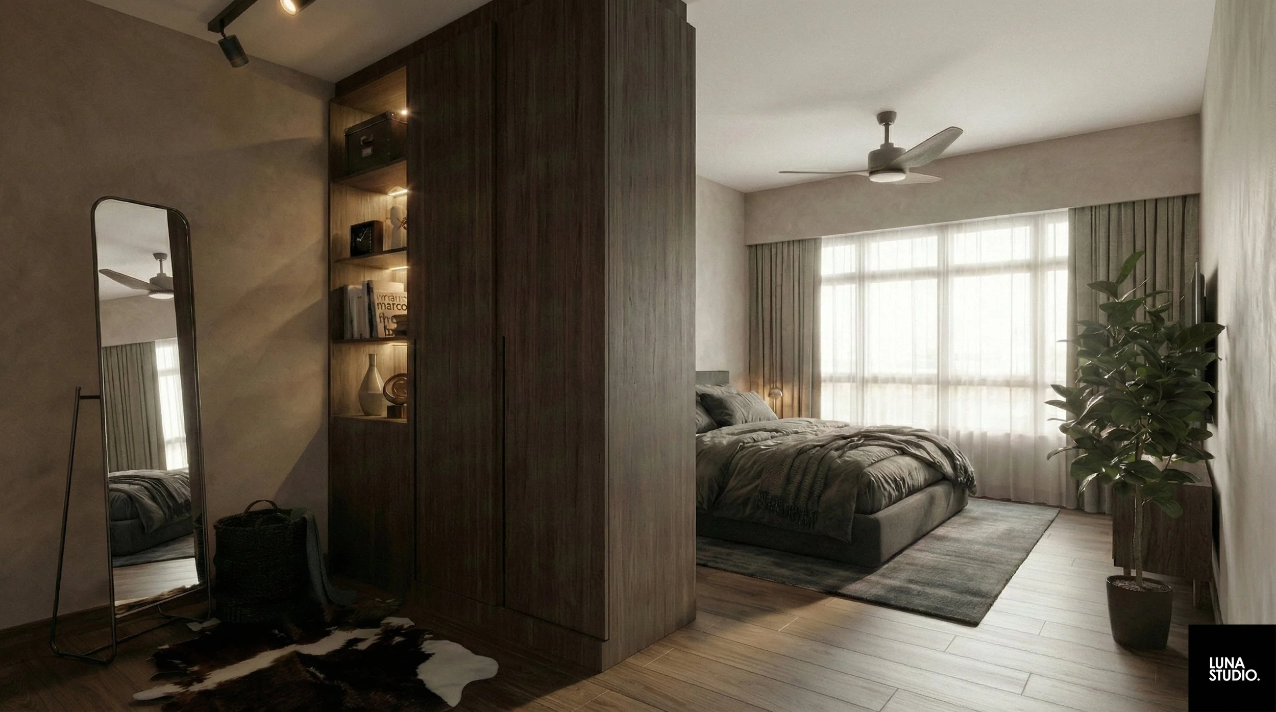 Luxury Singapore bto master bedroom with dark walnut wood accents contrasting against bright white walls