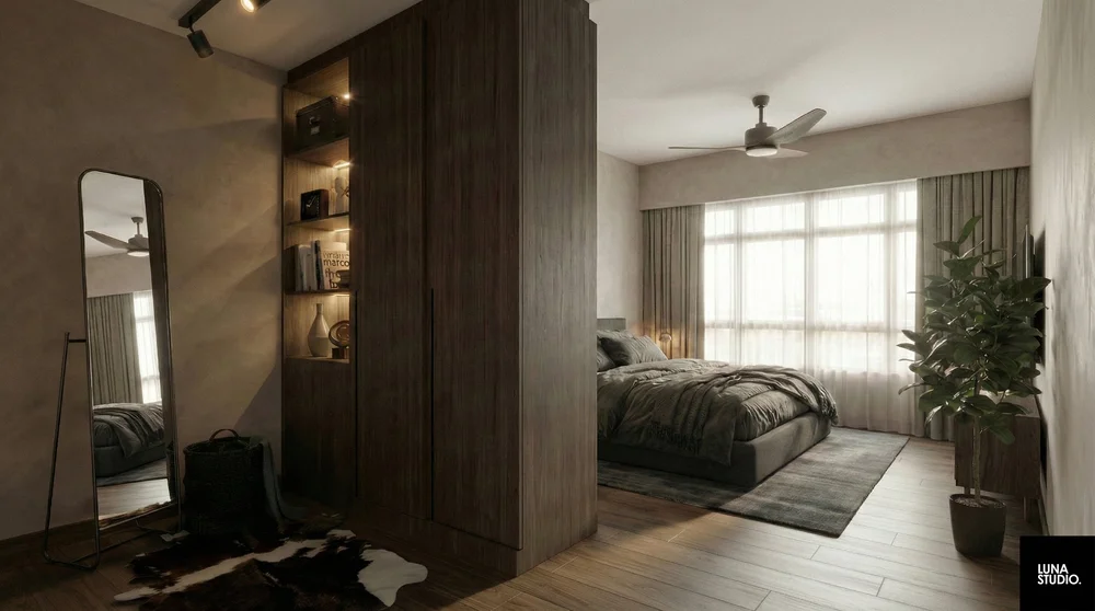 Luxury 4-room BTO master bedroom with dark walnut wood accents contrasting against bright white walls in Alkaff Crescent