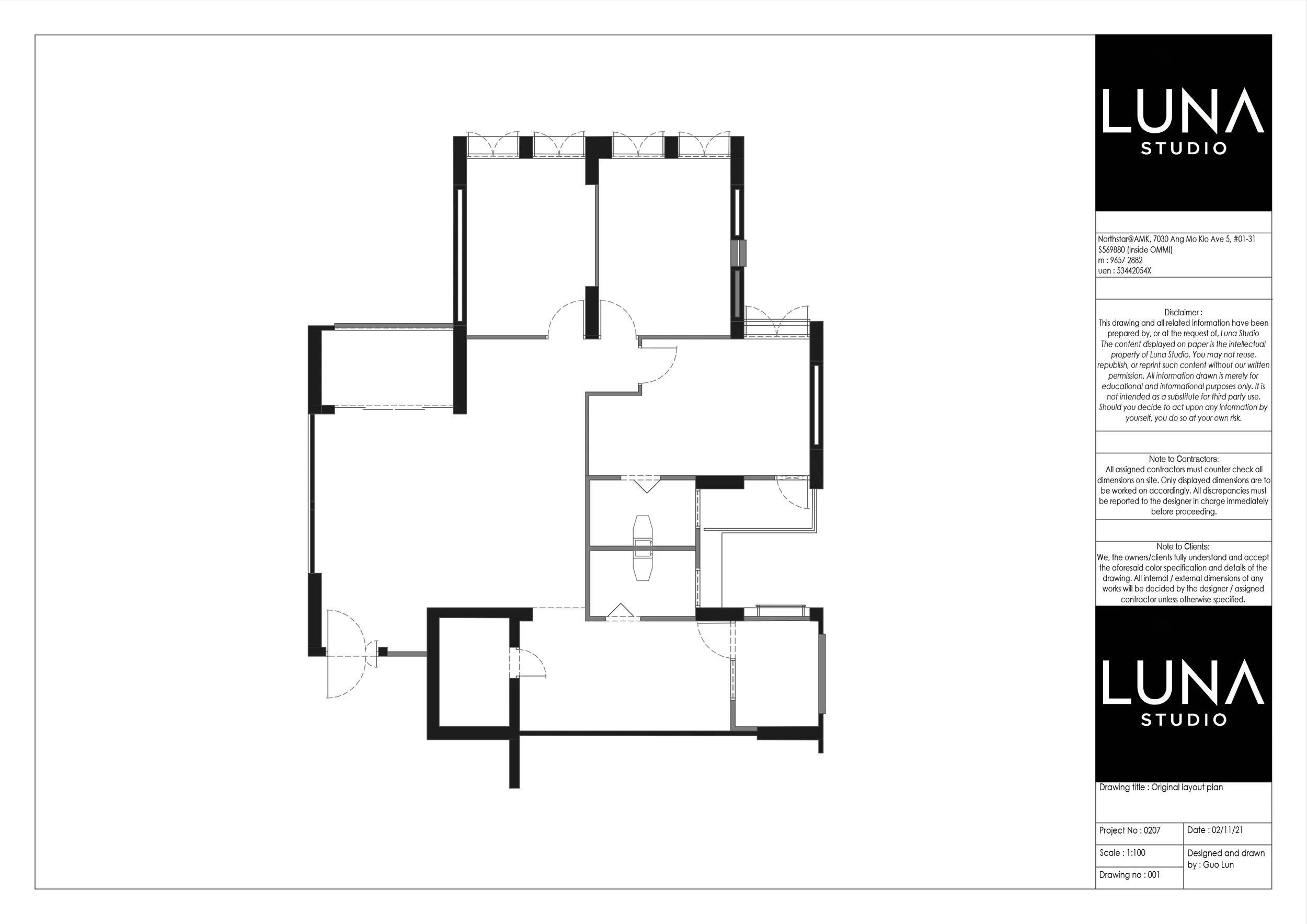 Original layout plan of the Hougang apartment before renovation, drawn by Luna Studio.
