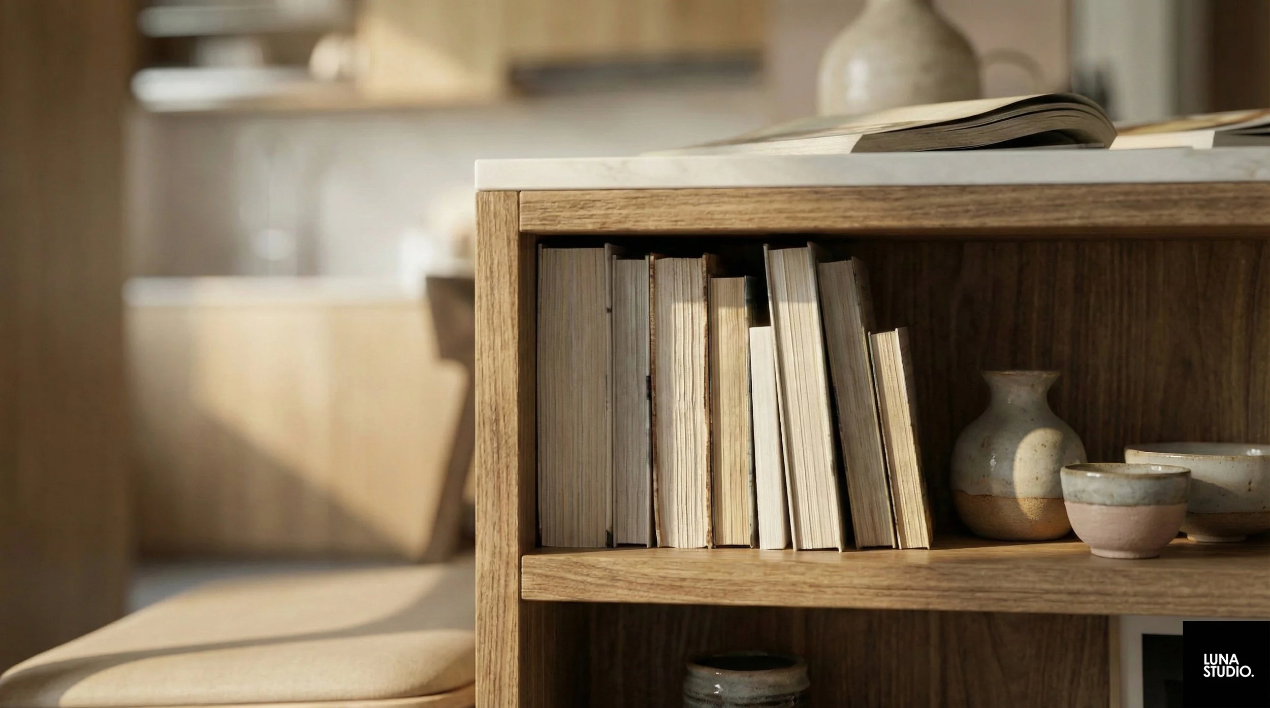 Open concept kitchen island with warm wood laminates