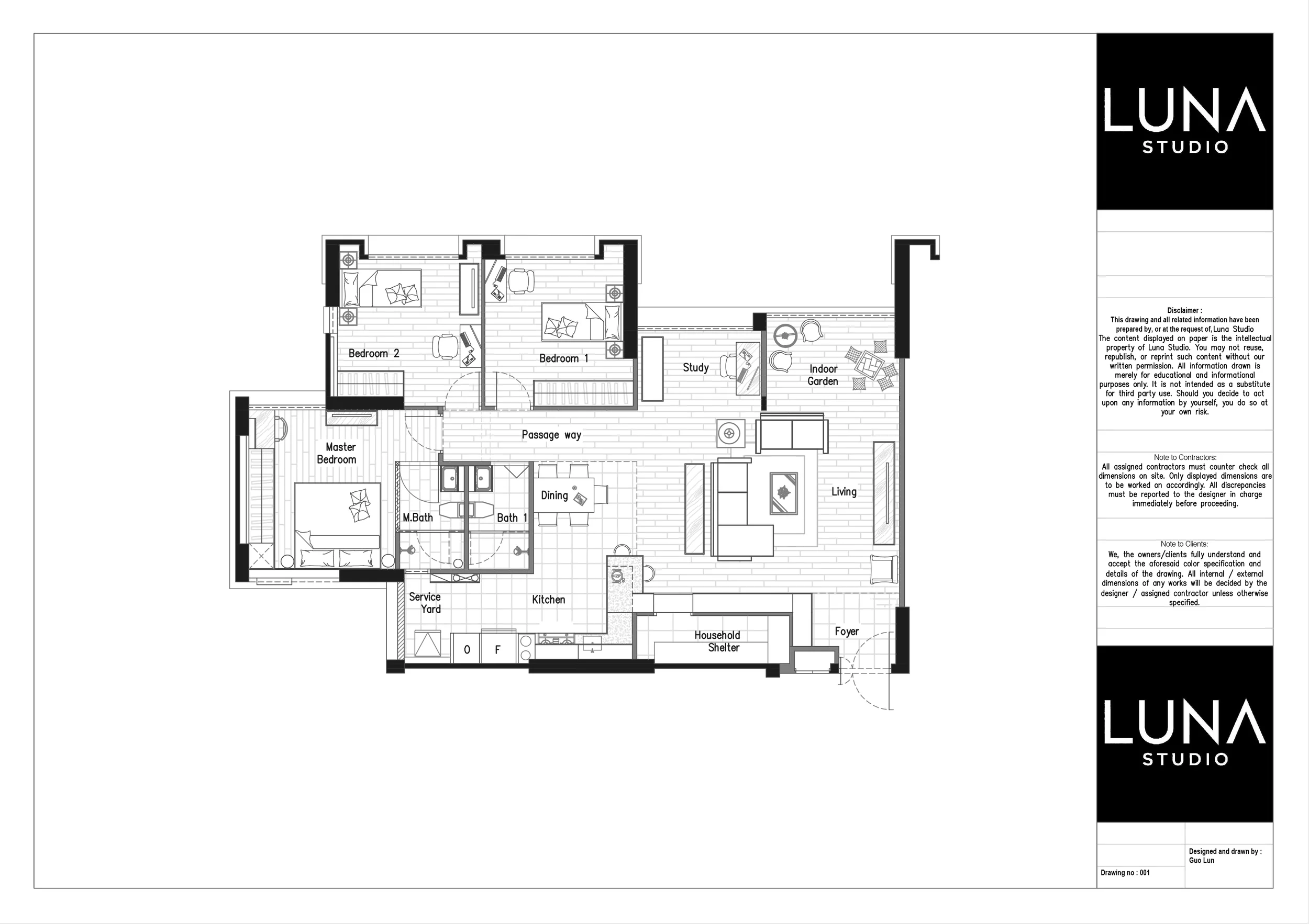 Technical hacking and demolition layout plan detailing removal
of kitchen entrance walls and master bath partitions up to the RC beam
structure
