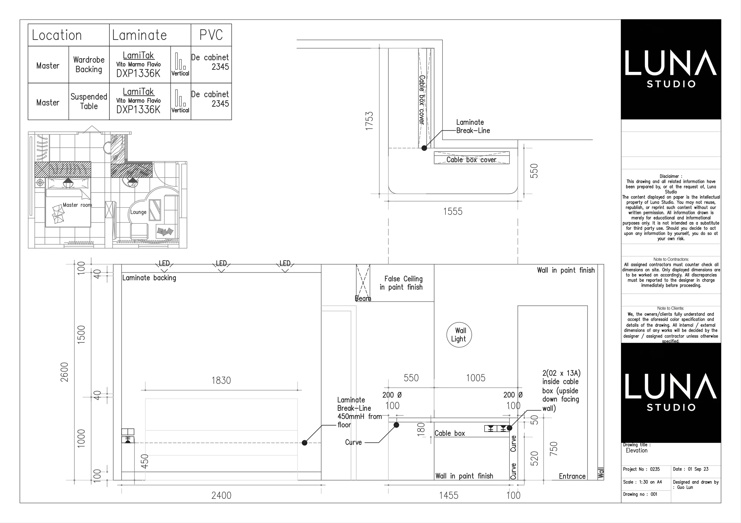 Wardrobe backing and study cabinet elevation drawing.