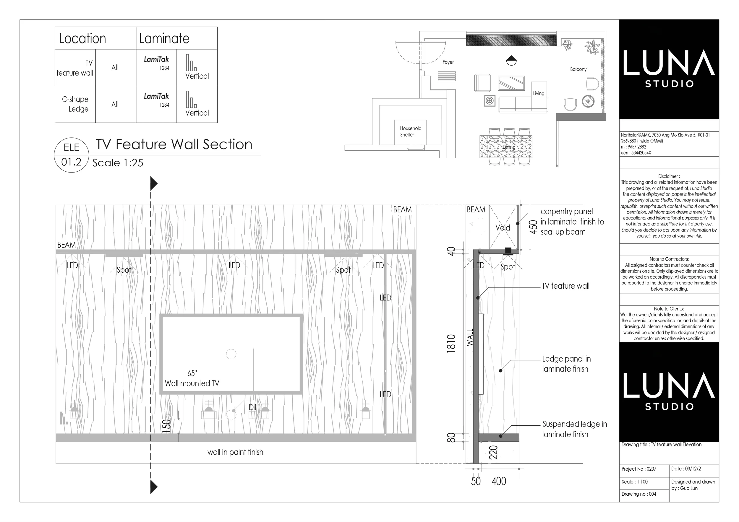 TV feature wall section drawing by Luna Studio.