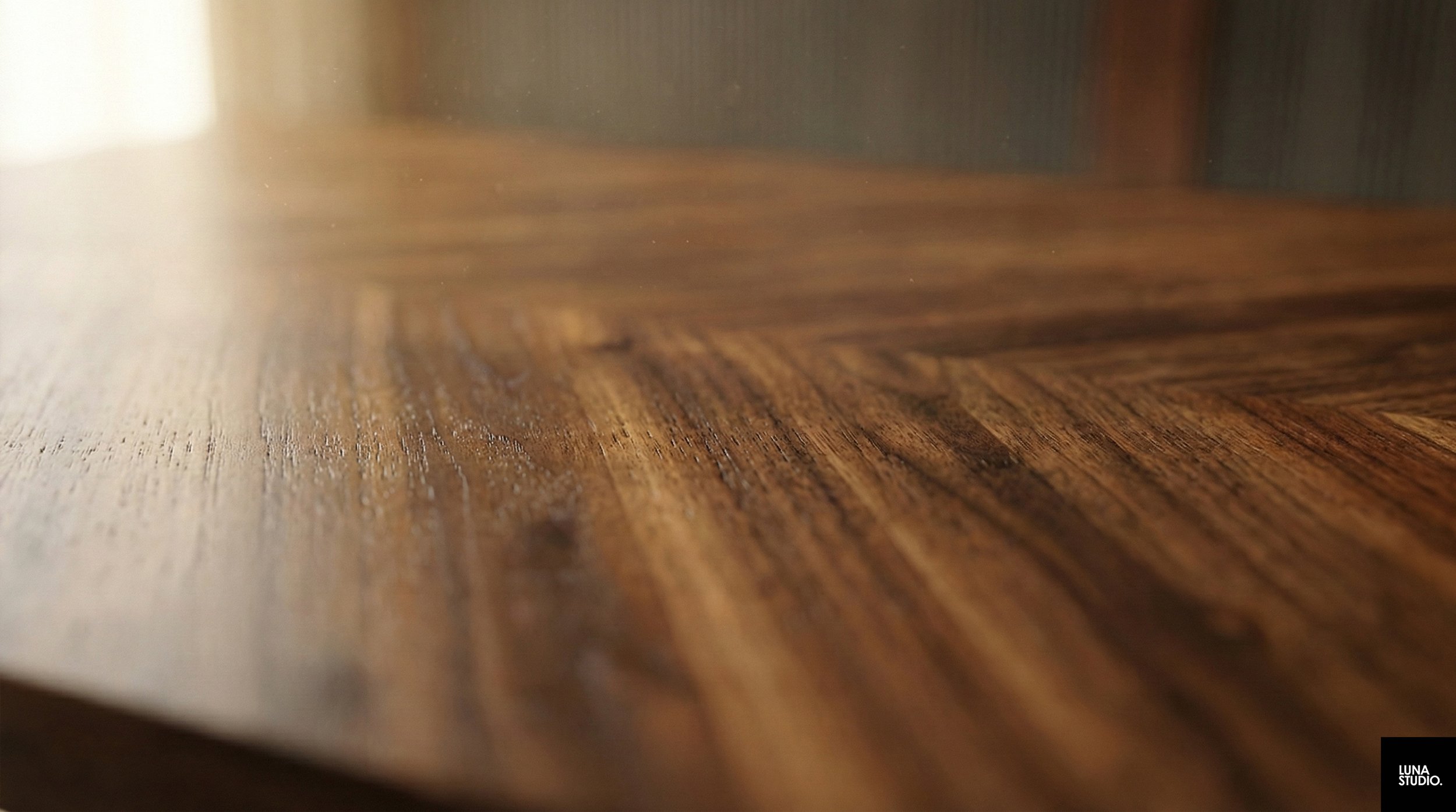 High-end herringbone wood dining table surface detail