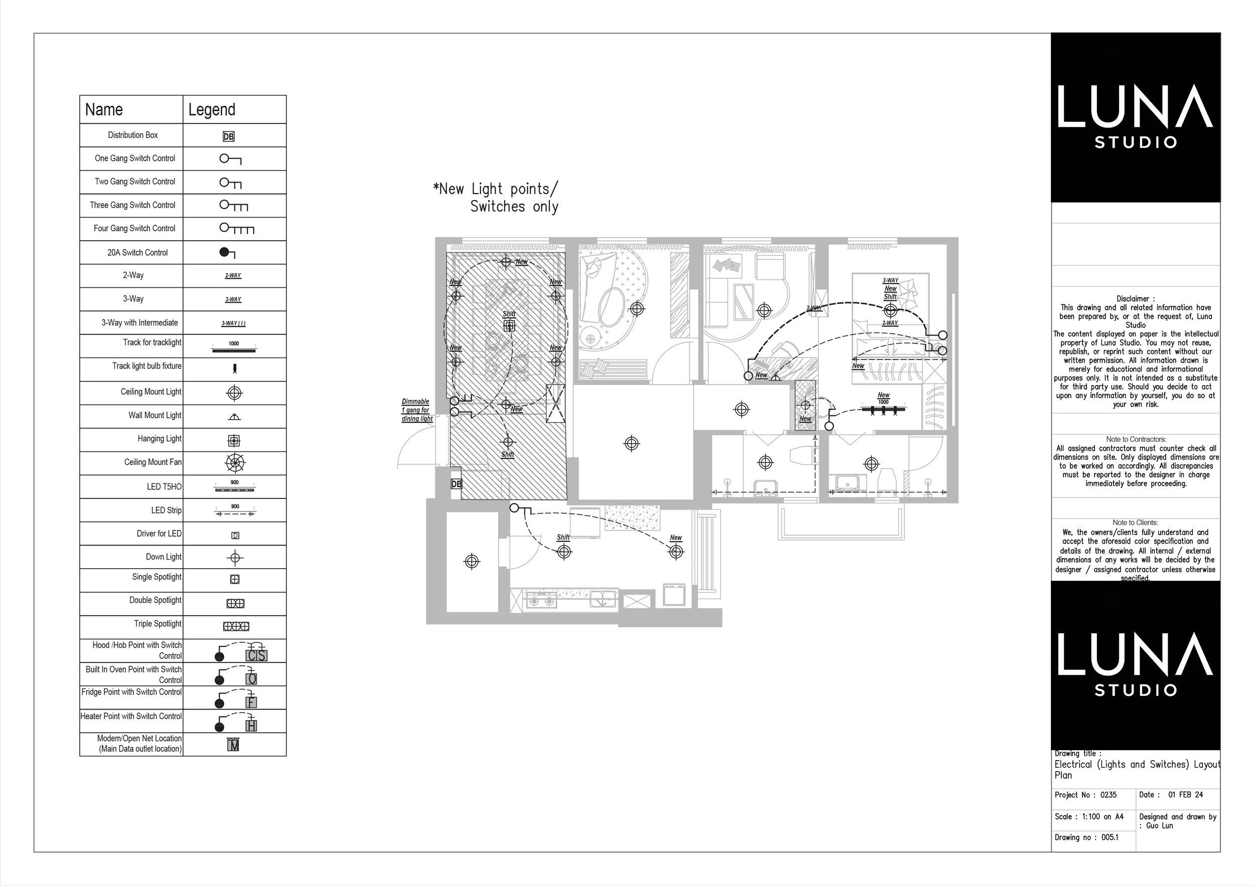 Electrical lights and switches layout drawing.