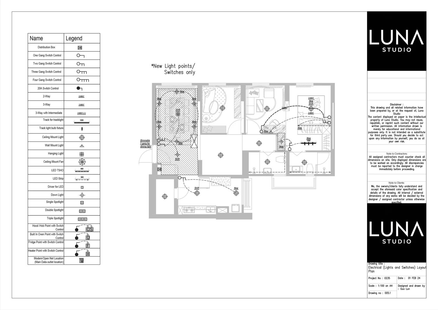 Lights and switches layout by Luna Studio for a 4-room HDB in Tampines