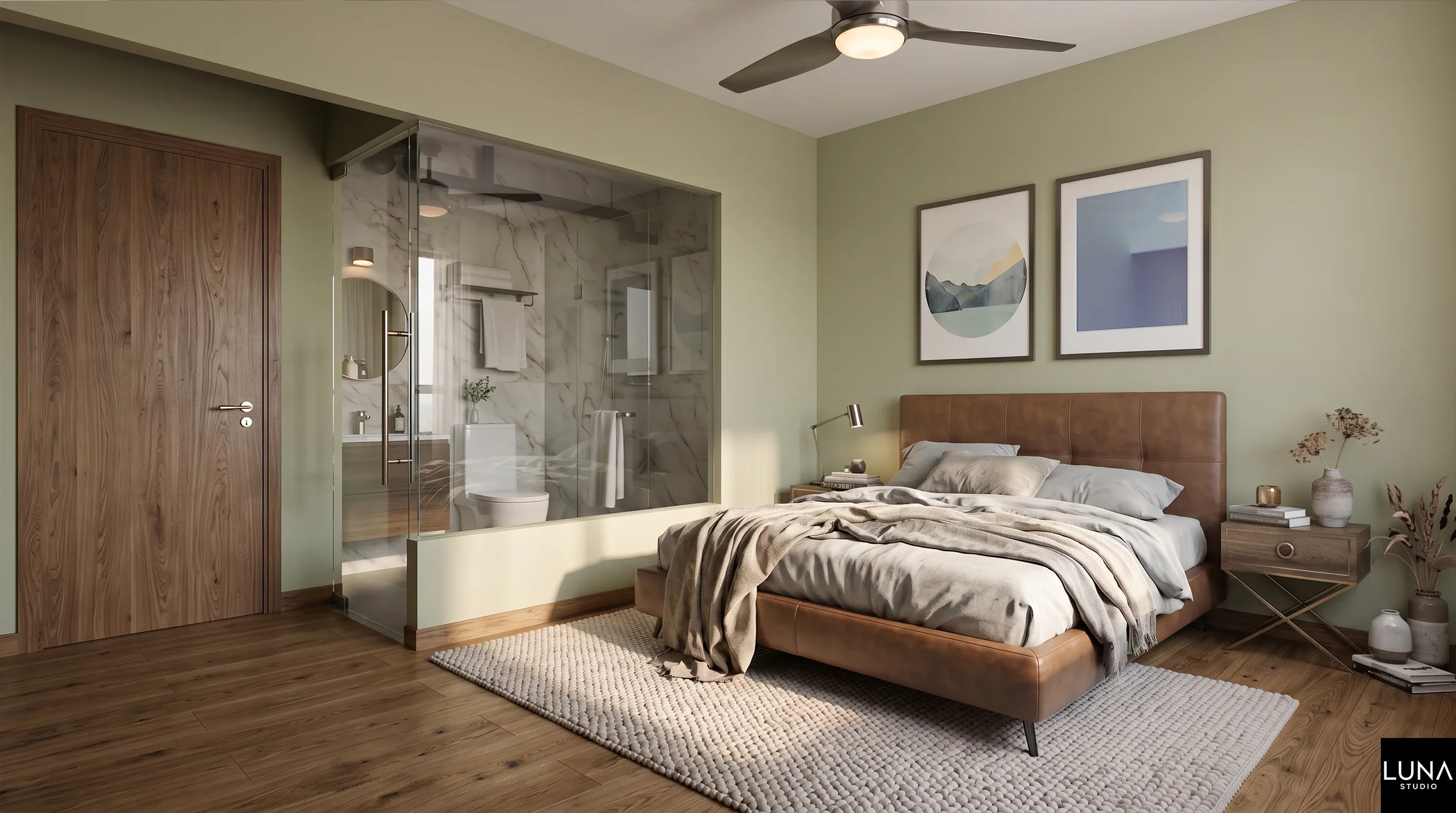 Luxury boutique hotel style master suite featuring a frameless
tempered glass bathroom partition and custom oak carpentry in a Bukit Batok
HDB