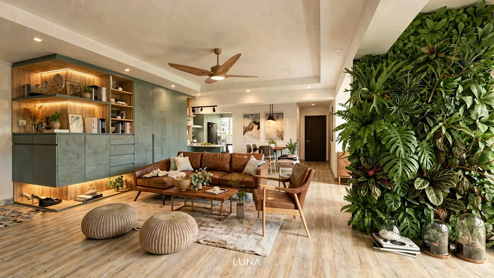 Modern Biophilic Living Room Design with Indoor Vertical Garden in Bukit Batok.