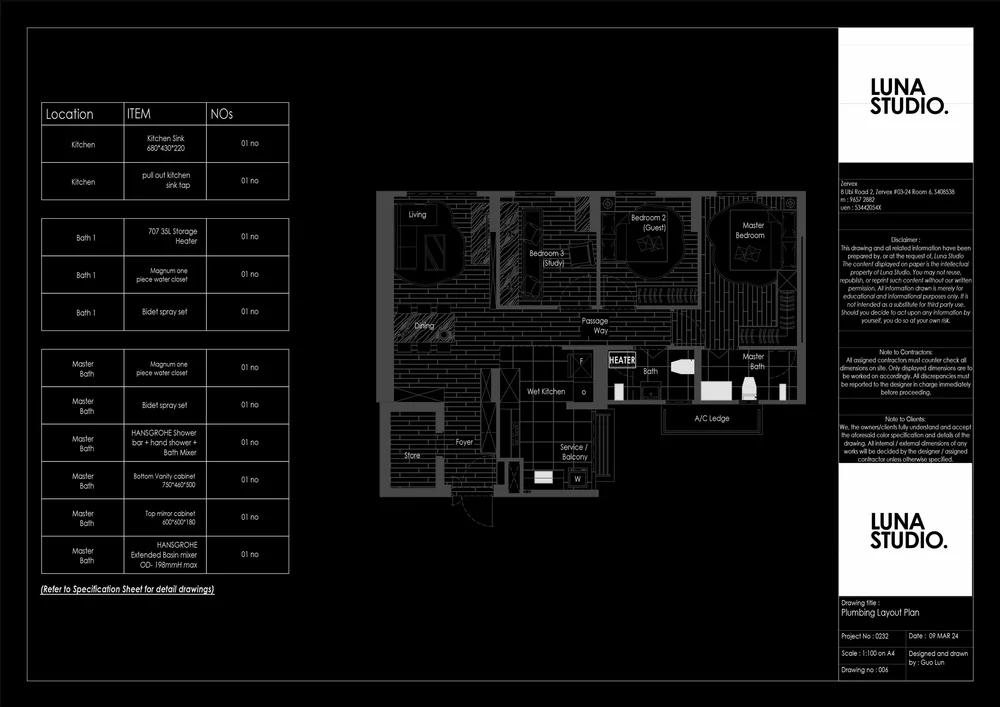 Luna Studio drawing sheet: plumbing layout plan