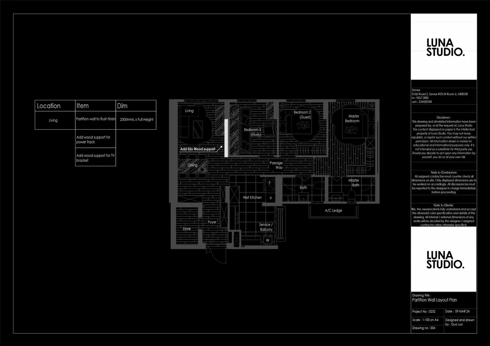 Luna Studio drawing sheet: partition wall layout plan