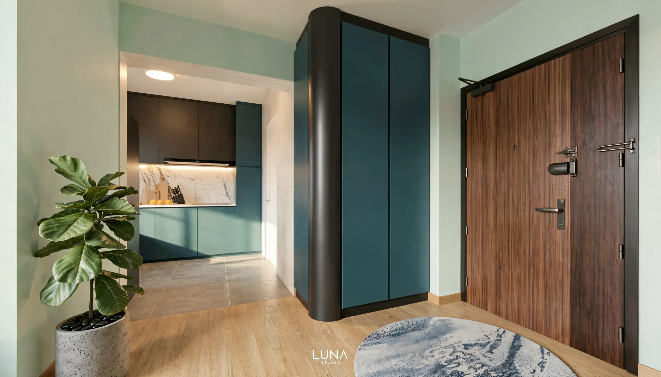 The entryway transitioning into the hosting space.