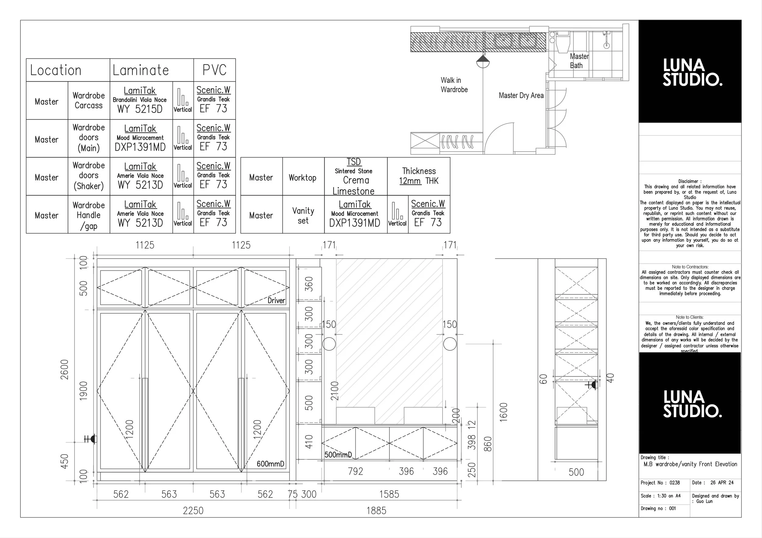 Master bedroom wardrobe and vanity front elevation drawing.