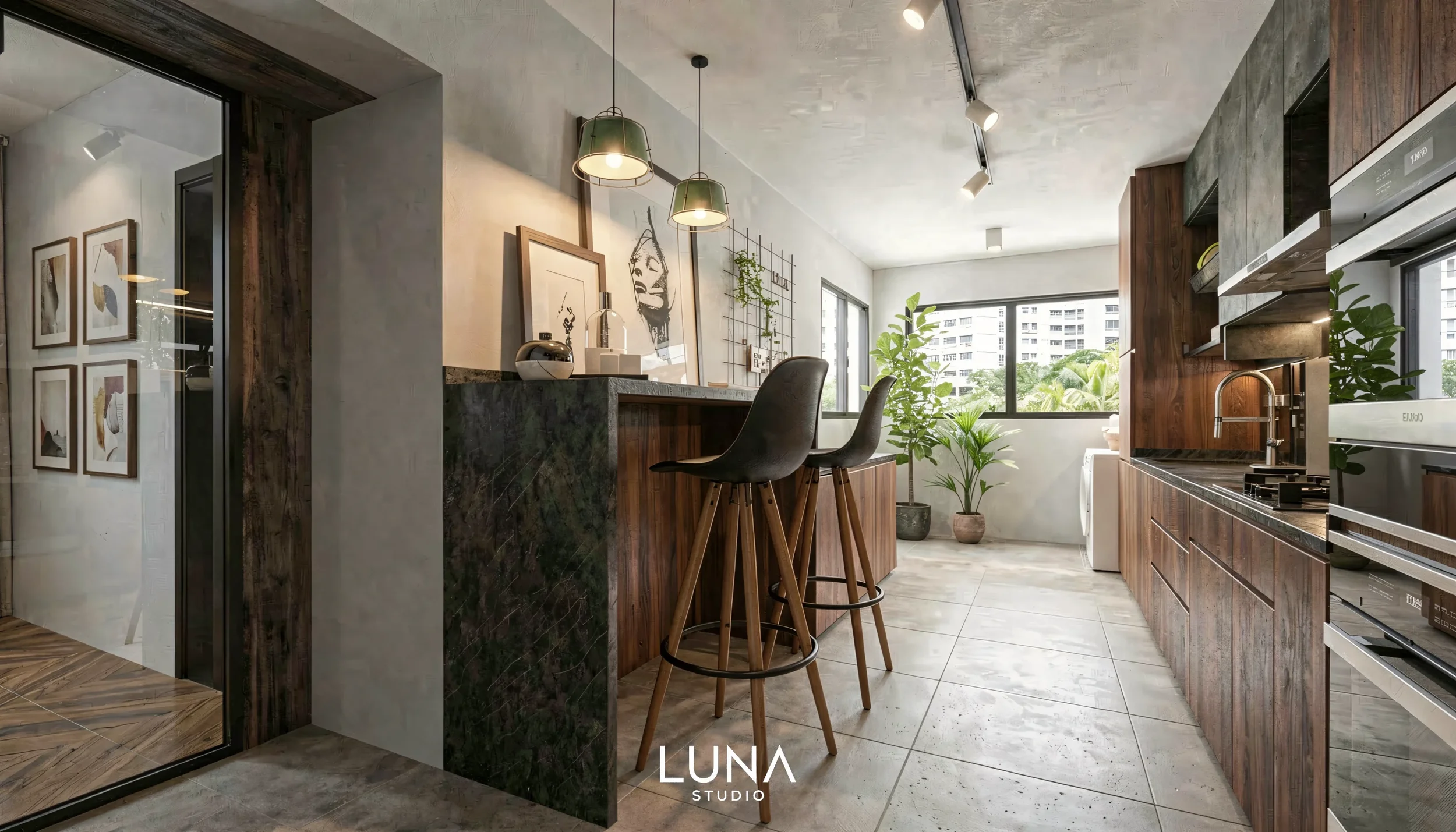 Kitchen island breakfast bar with a stone waterfall edge and bar stools.