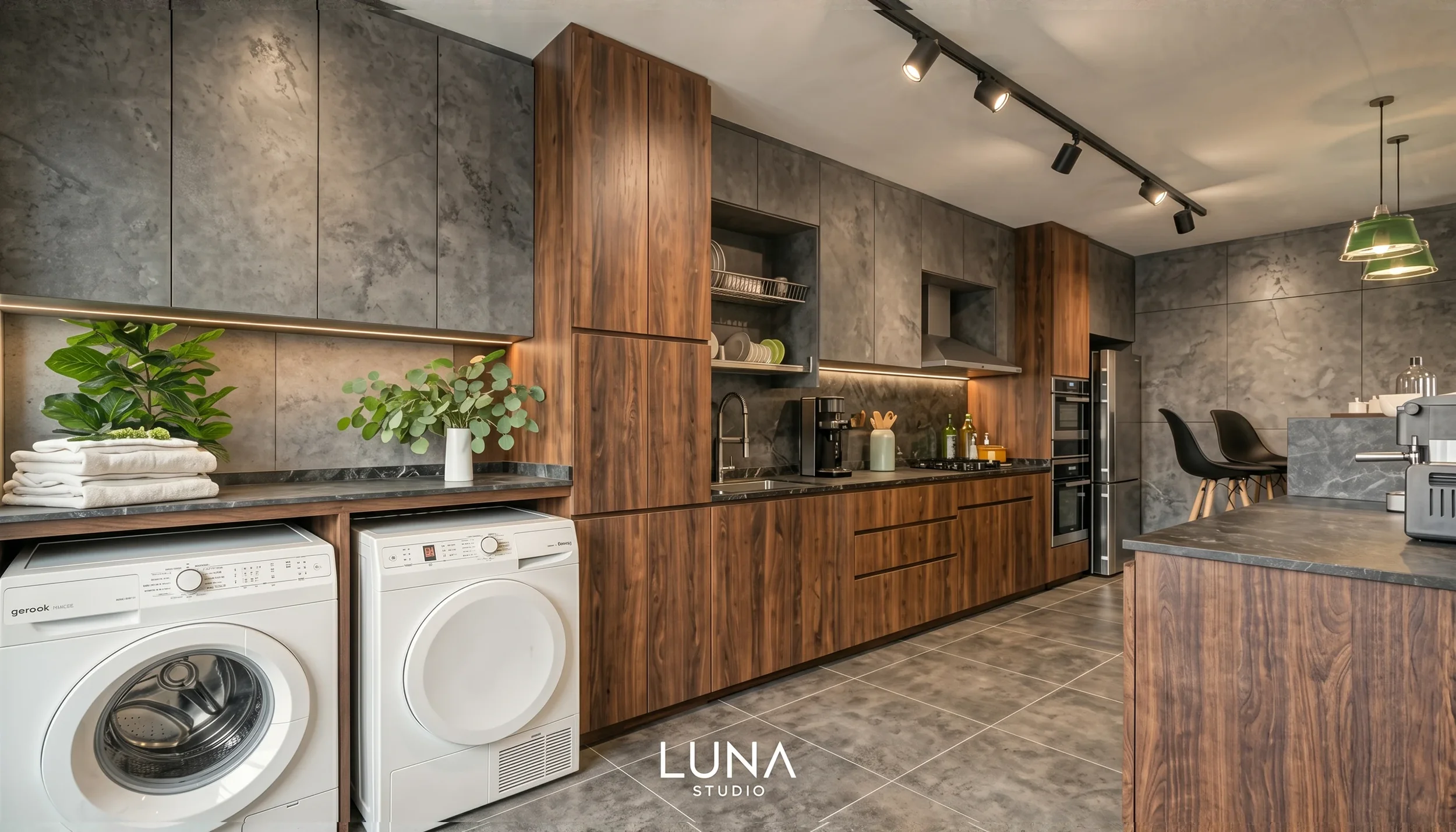 Kitchen with dark timber and grey cabinetry.