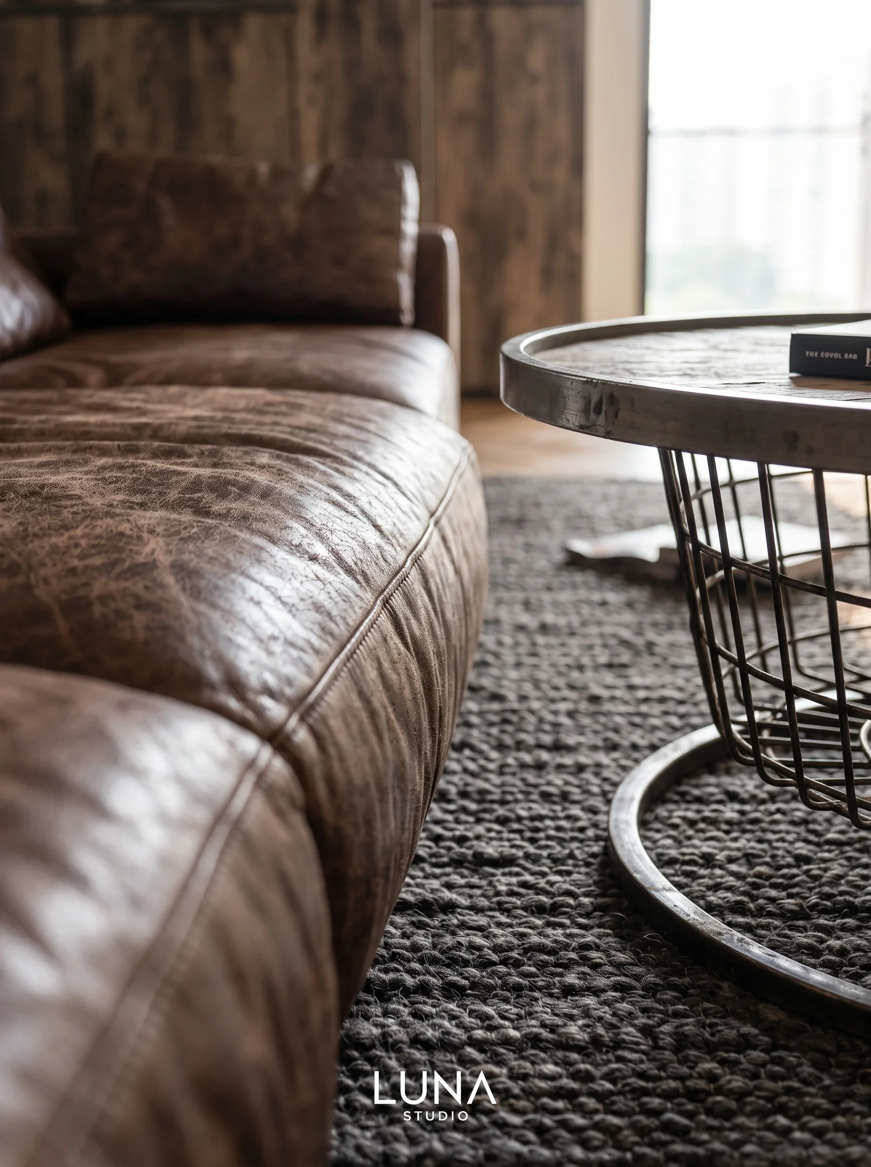 Detail of a distressed brown leather sofa and a round rustic coffee table.