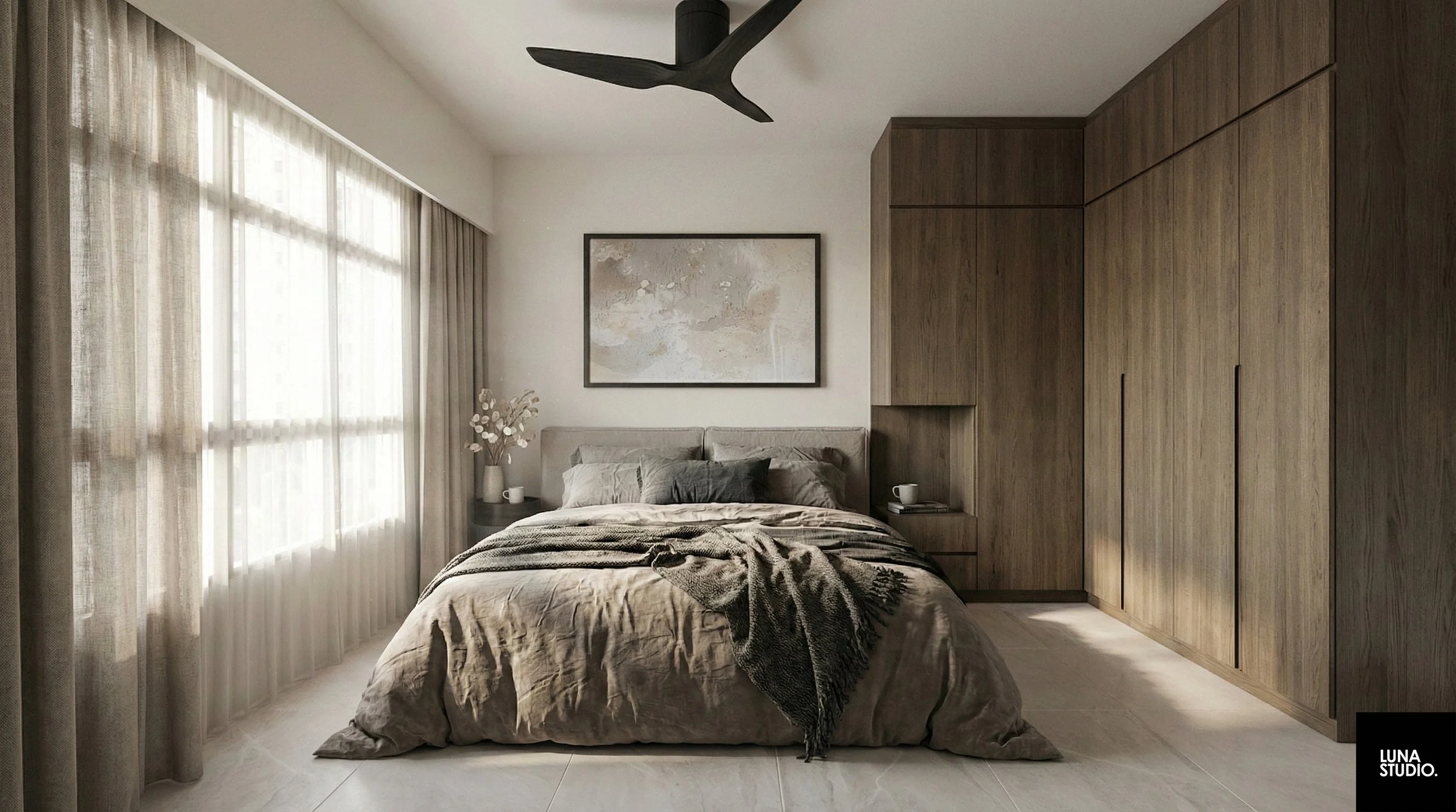 Master bedroom with cozy warm lighting