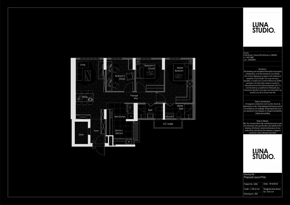 Luna Studio drawing sheet: proposed layout plan with furniture