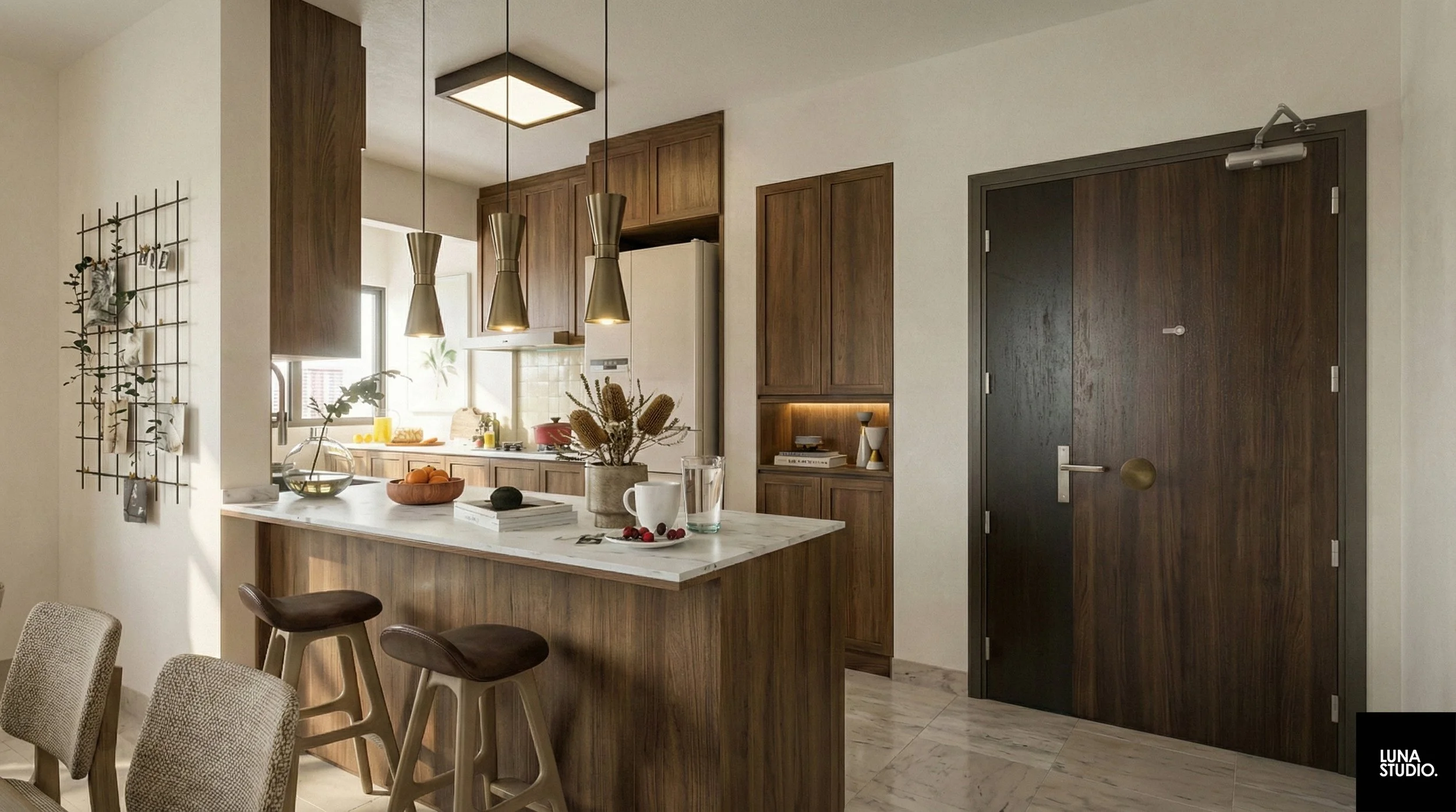 Dark walnut walk-in wardrobe carpentry set against bright bedroom walls