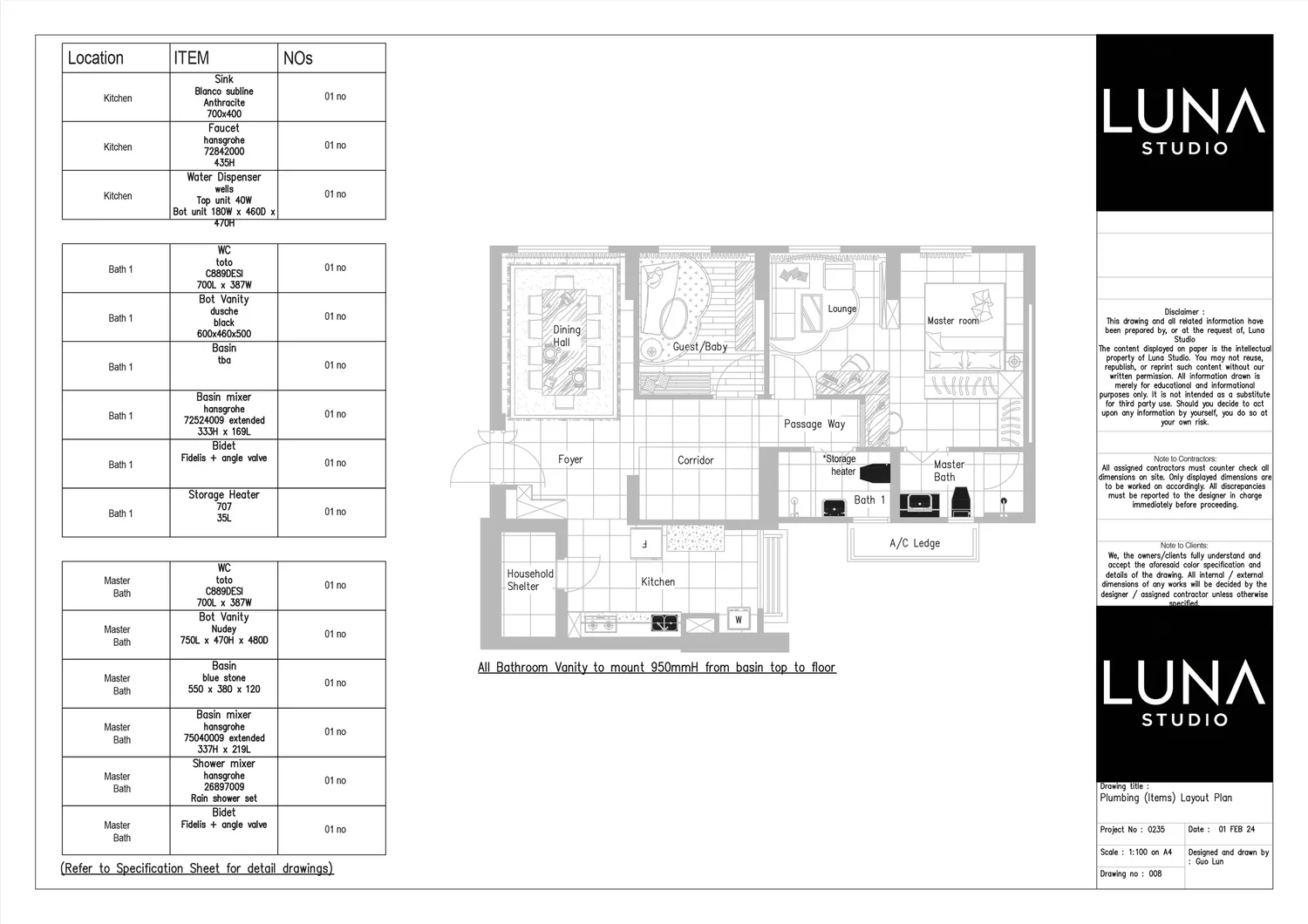 Plumbing layout by Luna Studio for a 4-room HDB in Tampines
