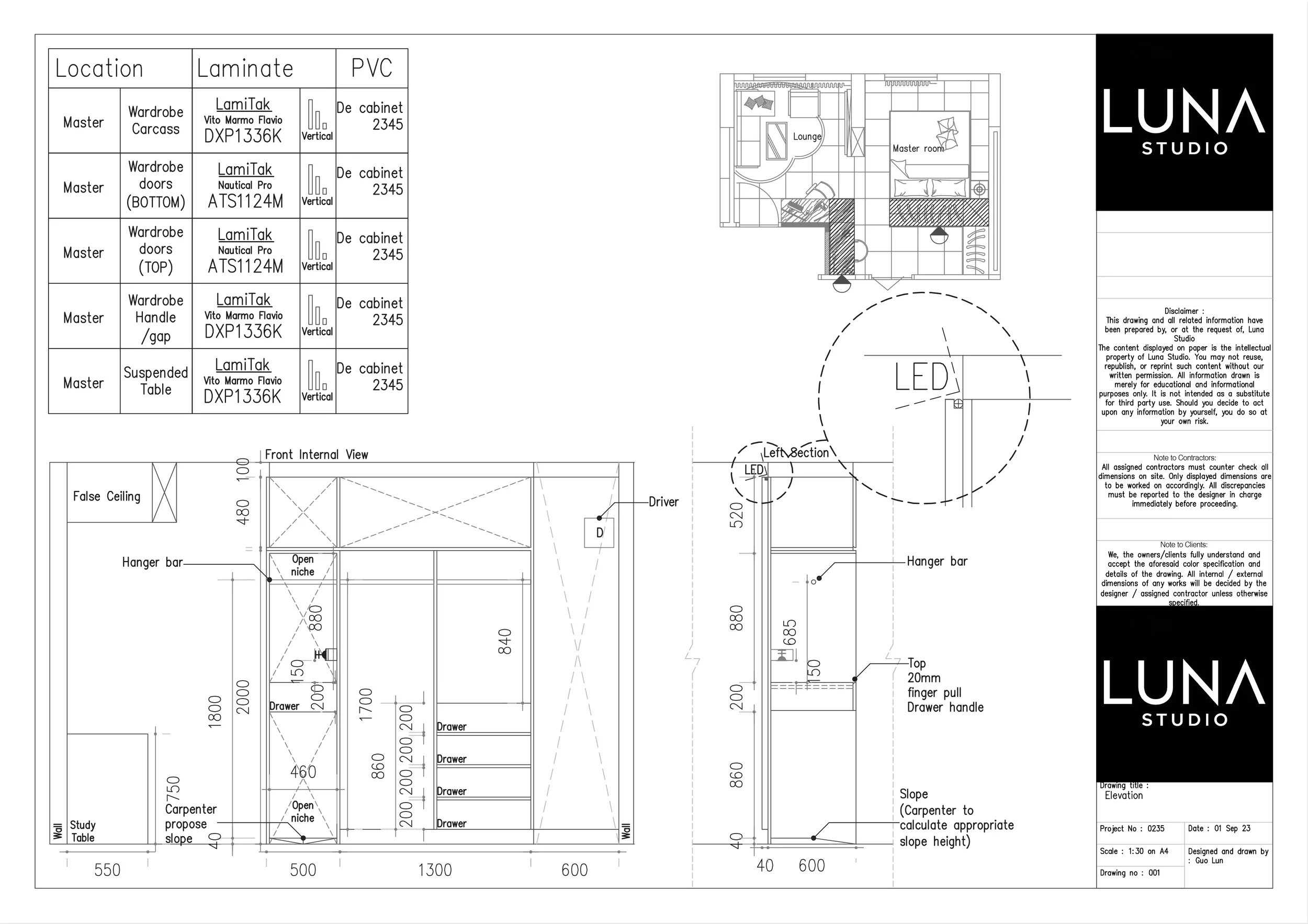 Master wardrobe internal elevation drawing.