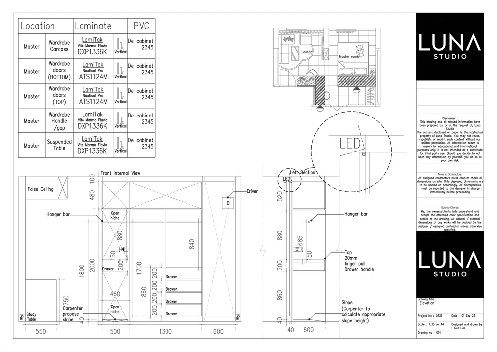 Master wardrobe internal elevation for our project The Inverted Layout.