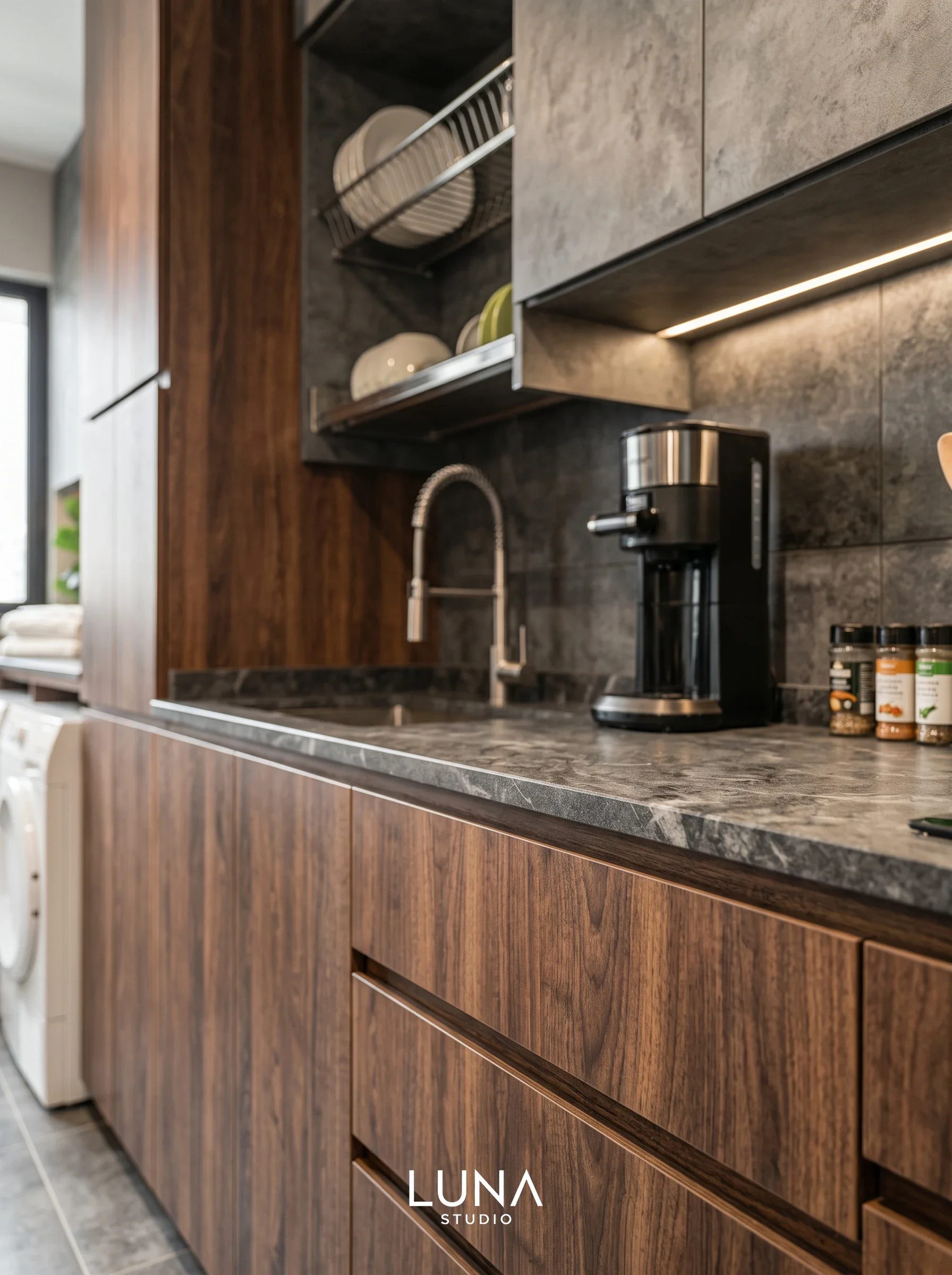Close-up of dark timber kitchen cabinets against grey stone surfaces.