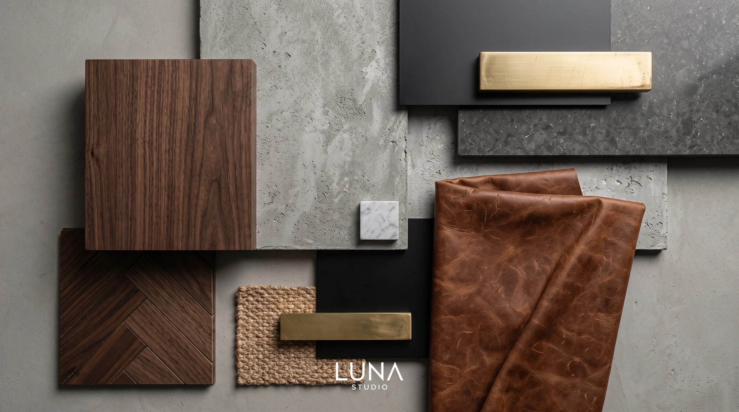 Mood image of the material palette: leather, timber and stone.