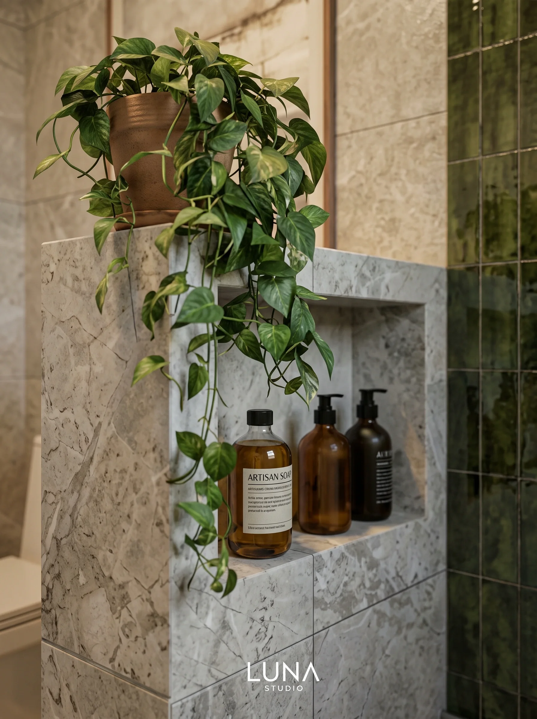 Stone bathroom niche with plants and soap.