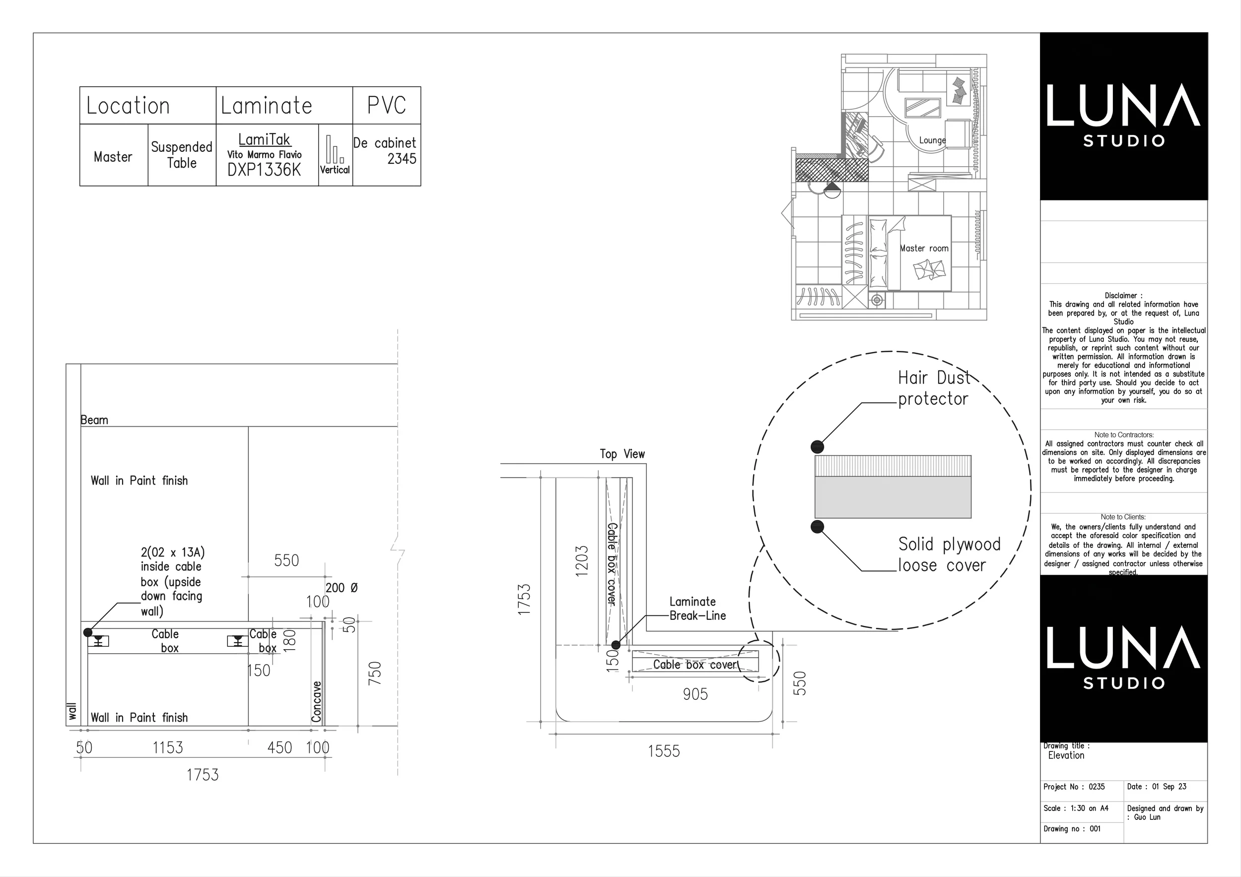 Master long table cable box detail elevation.