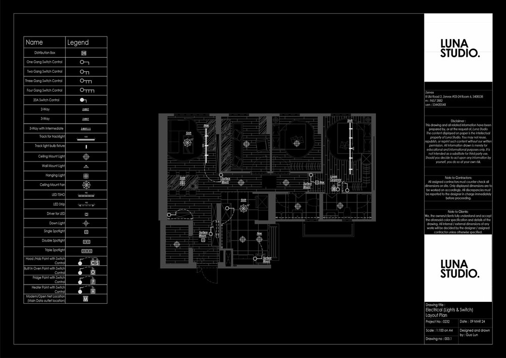 Luna Studio drawing sheet: electrical lights and switches layout plan with legend