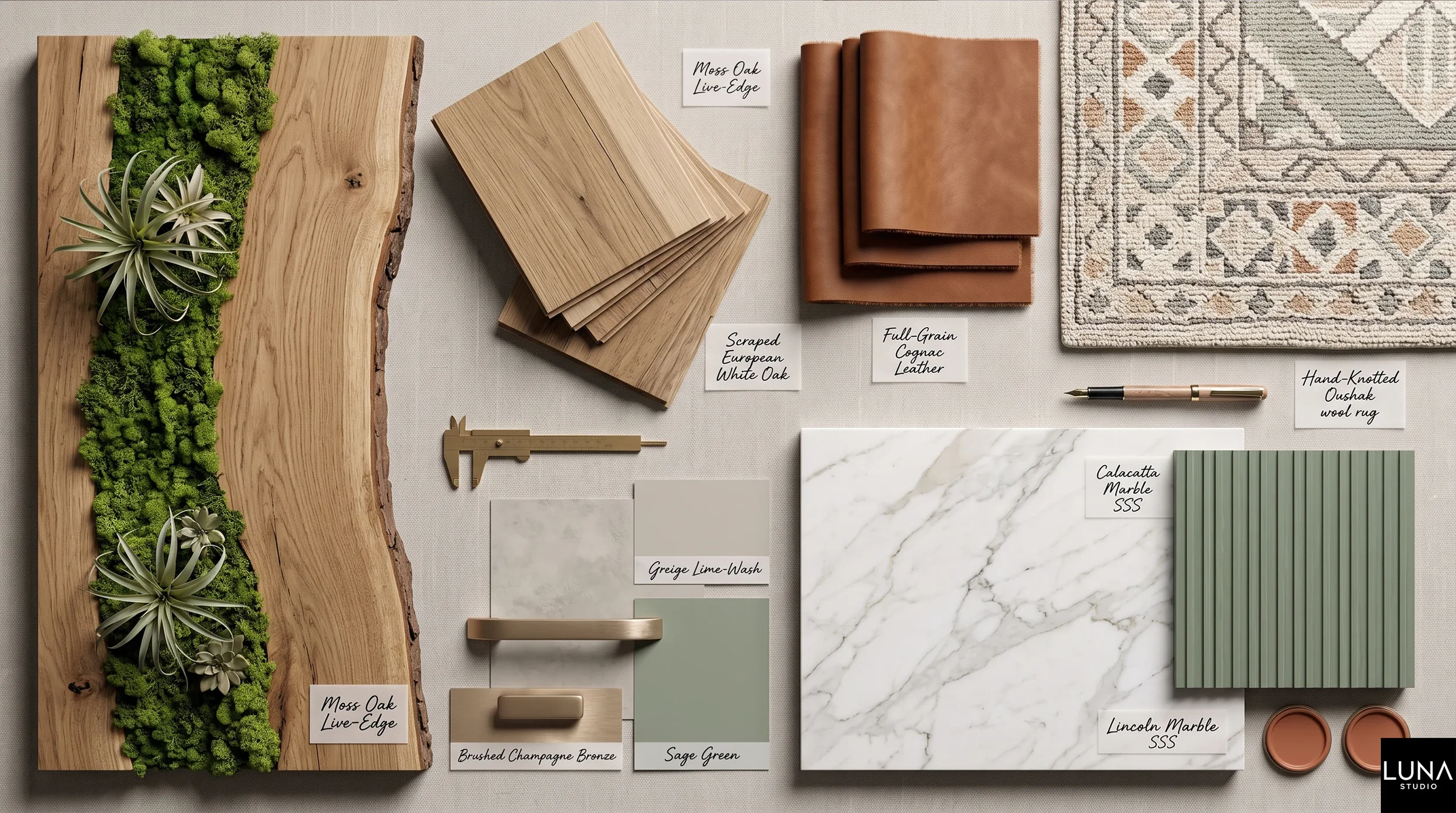 Biophilic interior material moodboard featuring Lamitak Jiro
Shikuoka Oak timber, scraped European white oak vinyl, and Taco Kaleido Mix
ceramic tiles